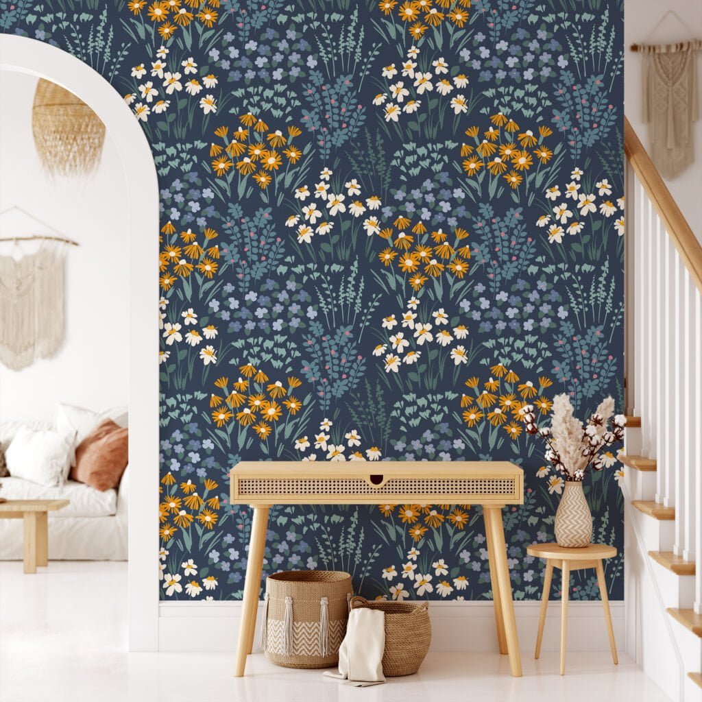 Navy Blue Flat Art Flowers And Bouquets Illustration Wallpaper, Midnight Blossom Array Peel & Stick Wall Mural