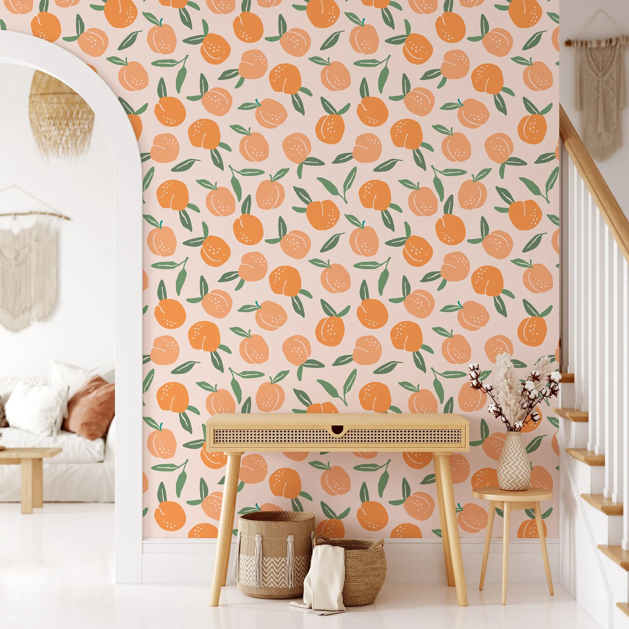 Flat Art Peaches Design Wallpaper, Peaches On Pastel Canvas Peel & Stick Wall Mural