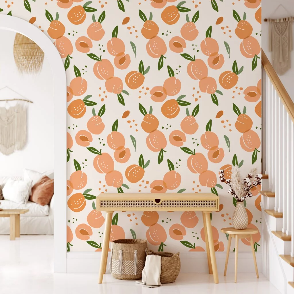 Flat Art Peaches Pattern Illustration Wallpaper, Sweet Apricot Orchard Peel & Stick Wall Mural