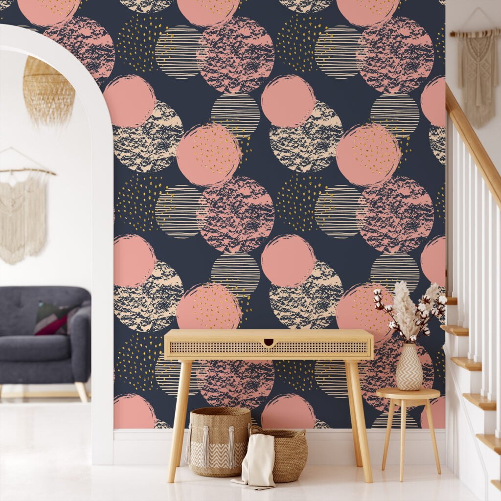 Abstract Large Peach Pink Circles Design Illustration Wallpaper With A Dark Background, Modern Home Decor Peel & Stick Wall Mural