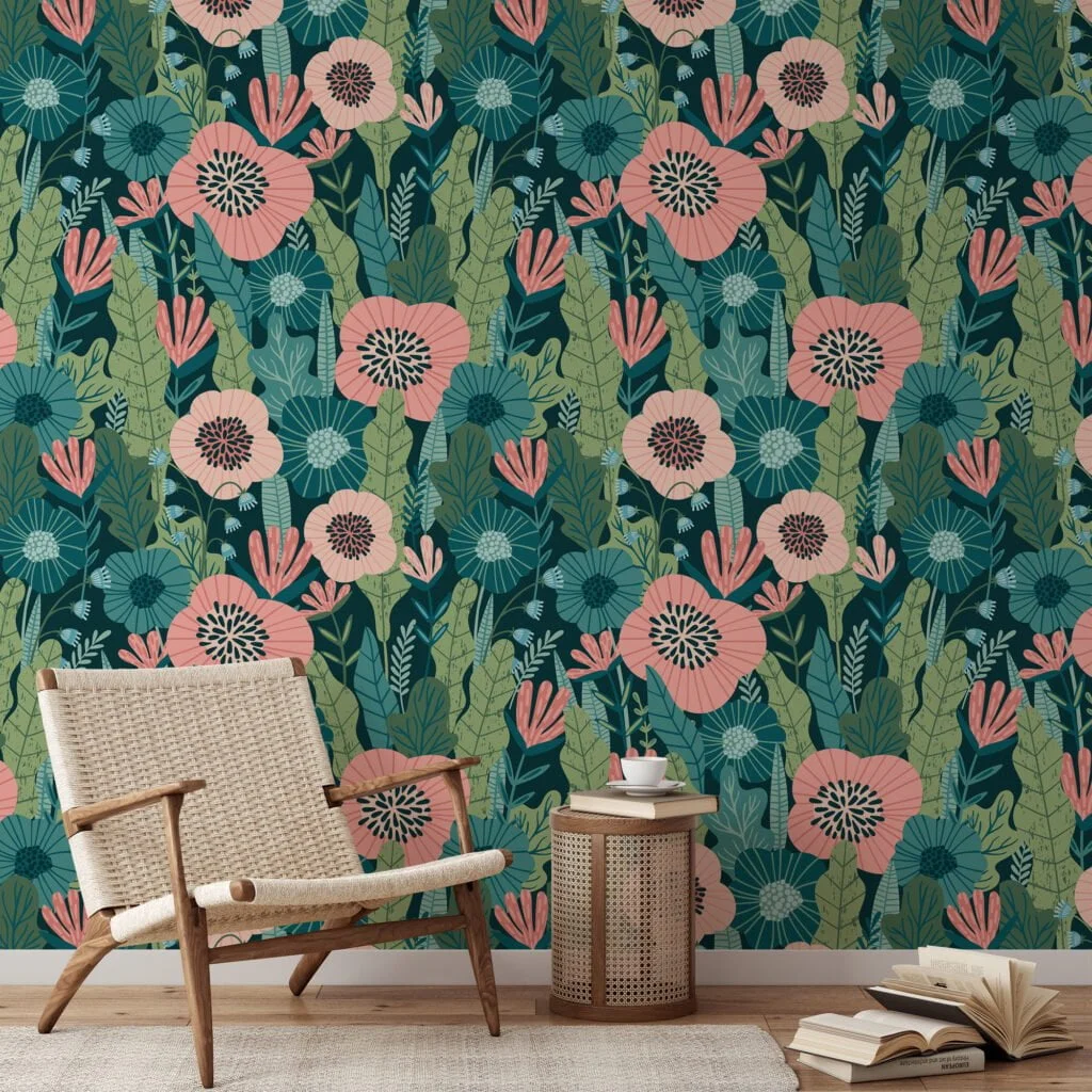 Flat Art Abstract Green Leaves With Flowers Wallpaper, Tropical Pink Blooms On Green Peel & Stick Wall Mural