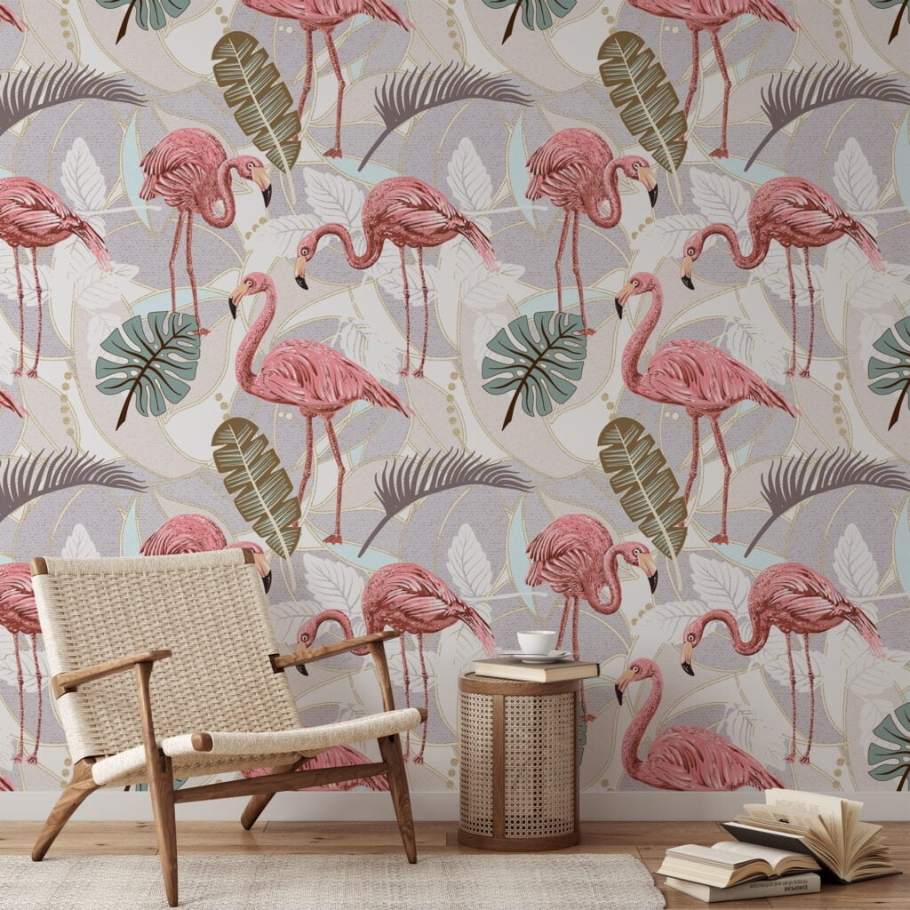 Leaves With Flamingos Illustration Wallpaper, Elegant Pink Flamingo & Palm Leaves Peel & Stick Wall Mural