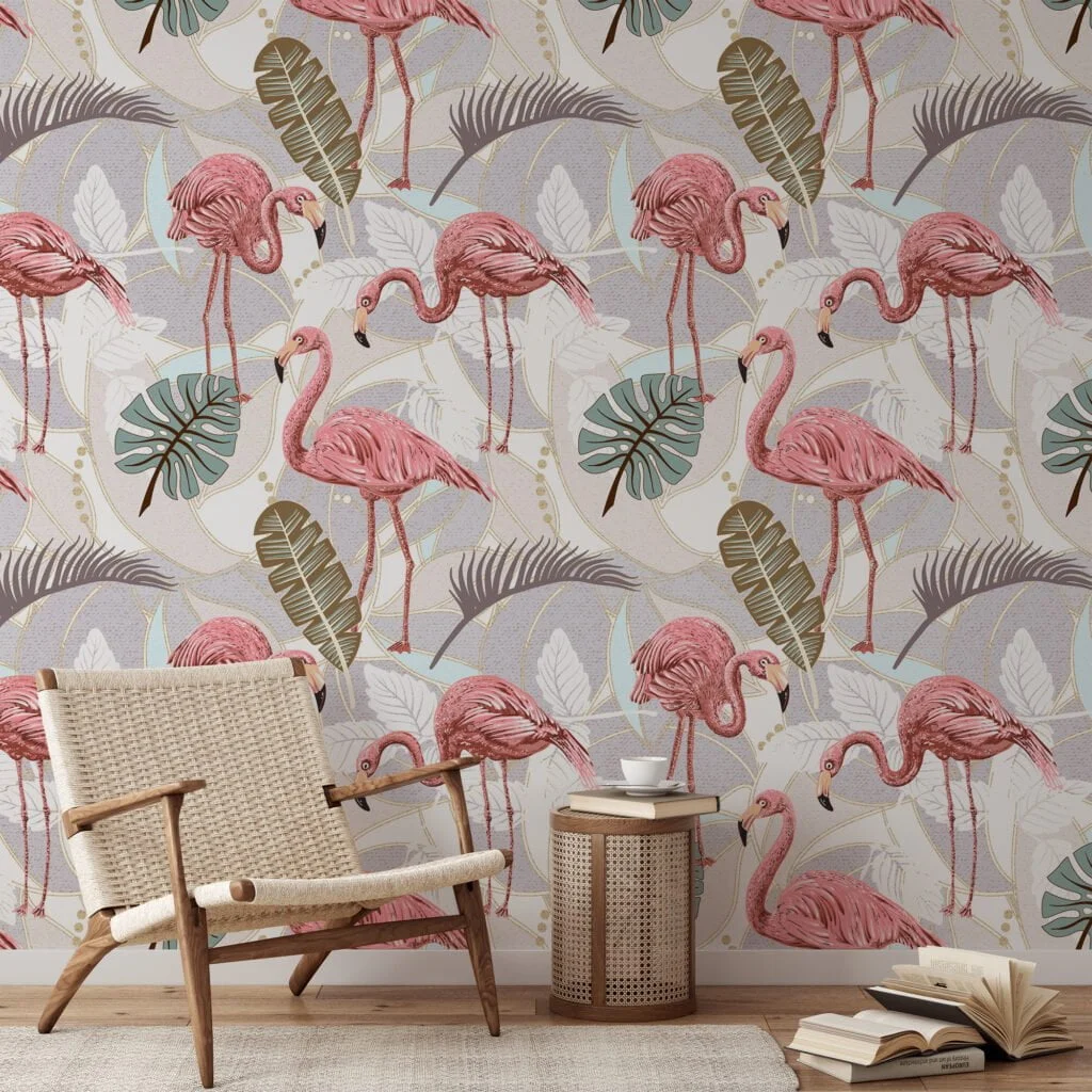 Leaves With Flamingos Illustration Wallpaper, Elegant Pink Flamingo & Palm Leaves Peel & Stick Wall Mural