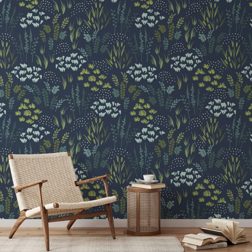 Dark Blue Flat Art Flowers And Leaves Illustration Wallpaper, Vintage Floral Elegant Peel & Stick Wall Mural