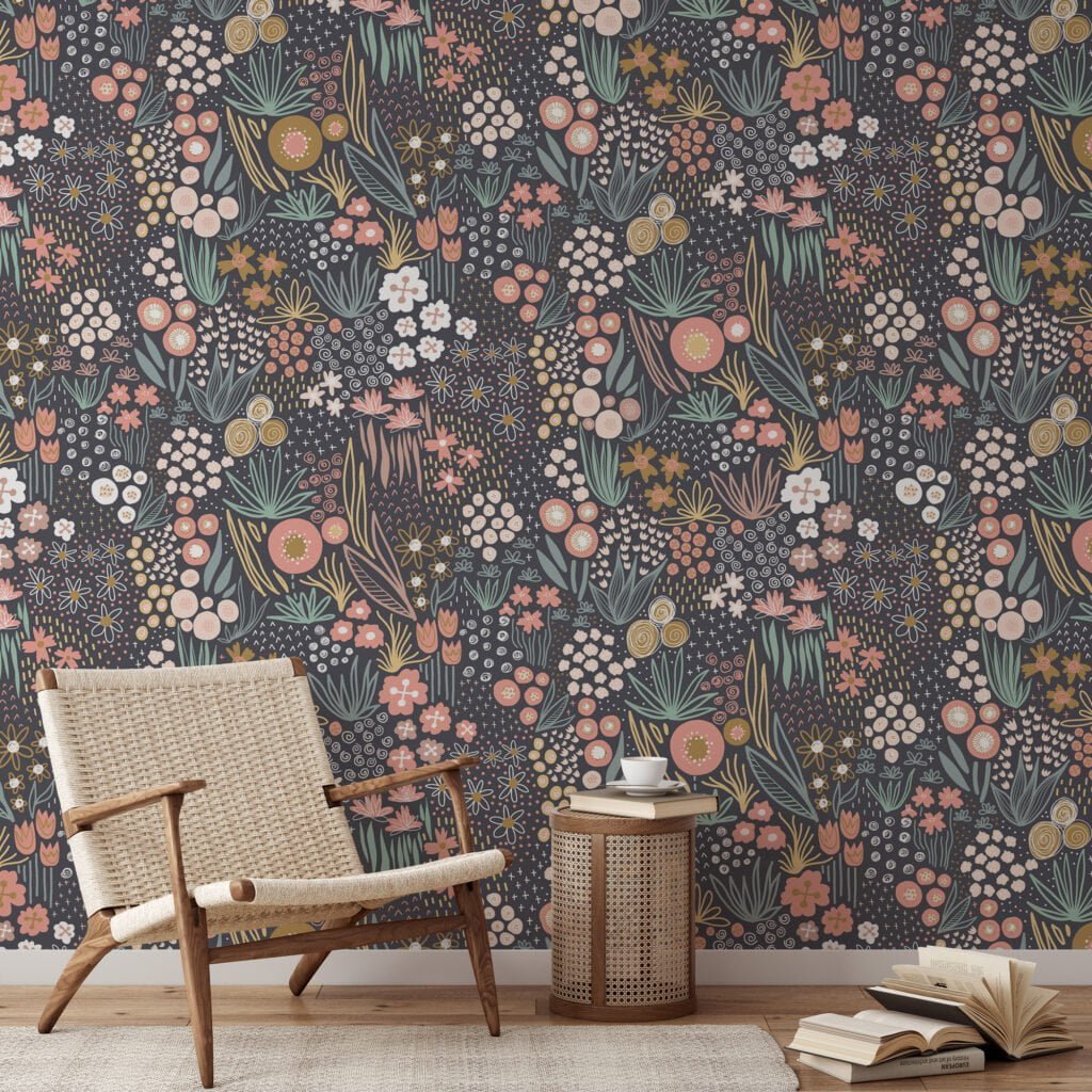 Flat Art Floral Design With A Brown Background Wallpaper, Enchanted Forest Florals Peel & Stick Wall Mural