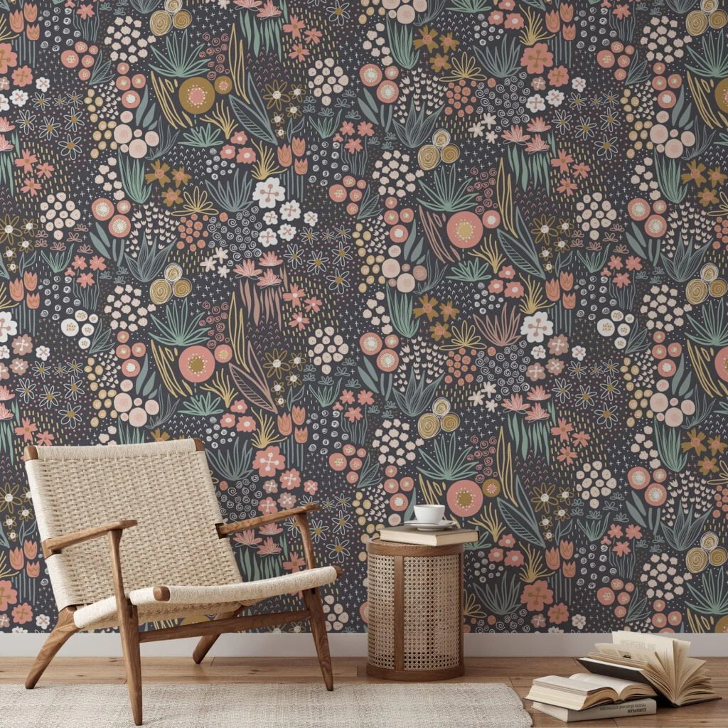 Flat Art Floral Design With A Brown Background Wallpaper, Enchanted Forest Florals Peel & Stick Wall Mural