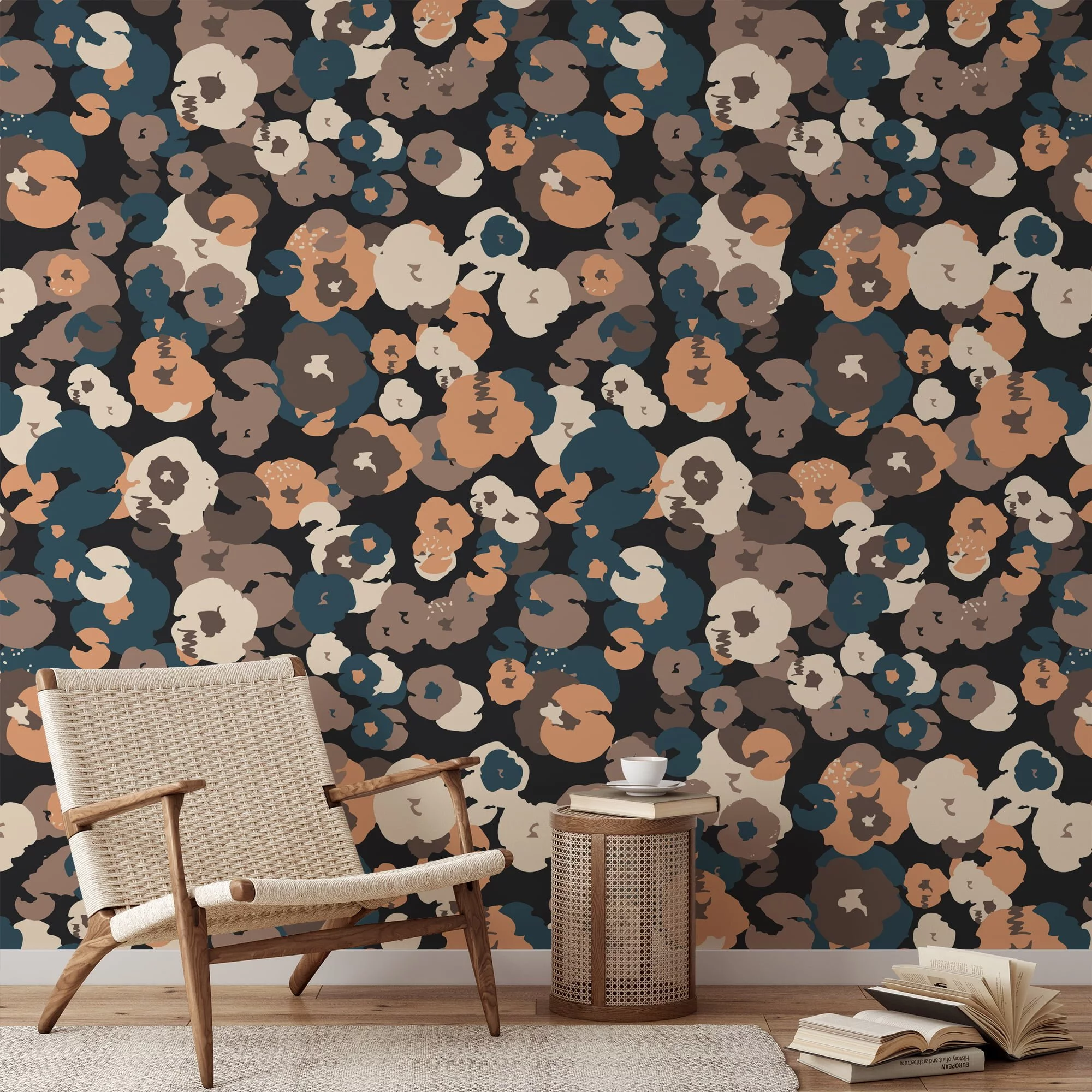 Abstract Floral Shaped Design Wallpaper, Chic Navy & Earth Tones Peel & Stick Wall Mural