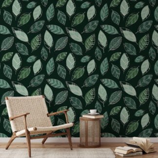 Dark Green Leaves With White Outlines Illustration Wallpaper, Serene Green Leaf Design Peel & Stick Wall Mural