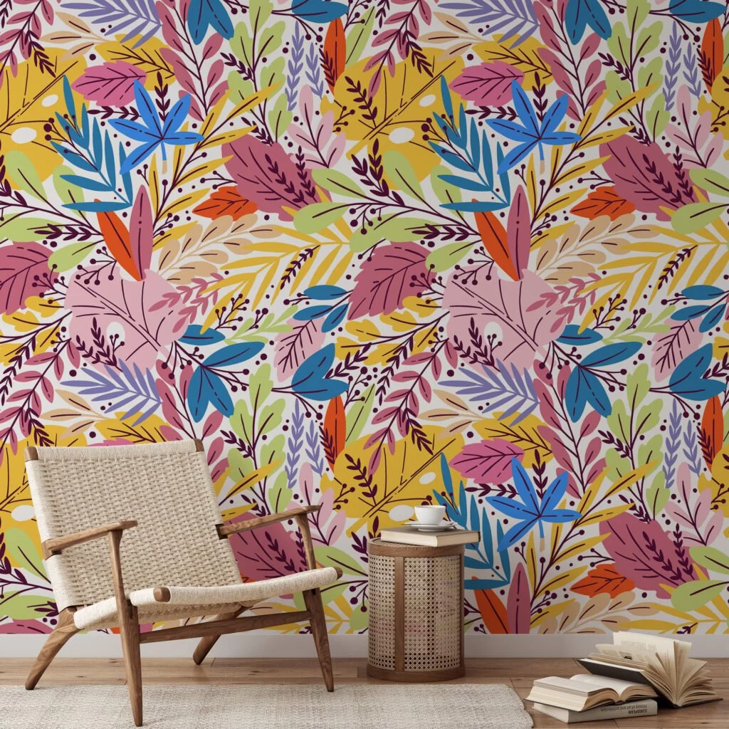 Colorful leaves Illustration Wallpaper, Vibrant Leaf Pattern Peel & Stick Wall Mural