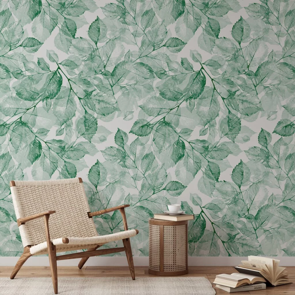 Watercolor Style Green Leaves Pattern Wallpaper, Tranquil Green Foliage Peel & Stick Wall Mural