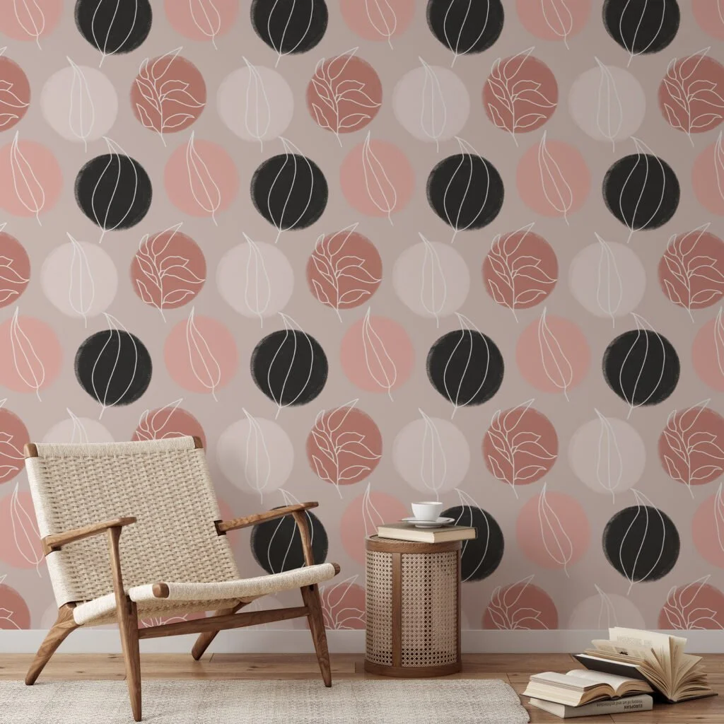 White Line Art Leaves On Circles Design Illustration Wallpaper, Minimalist Leaf and Circle Peel & Stick Wall Mural