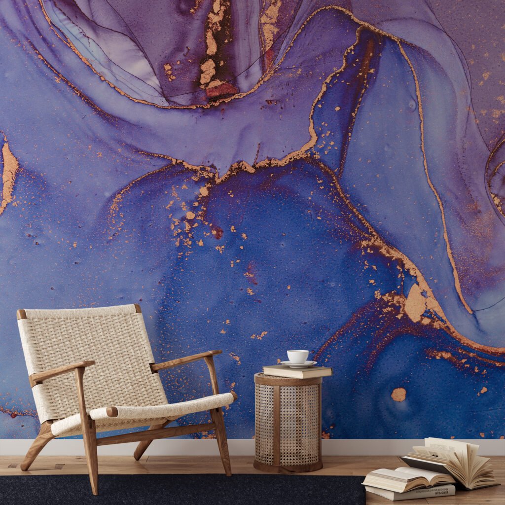 Dark Blue And Purple Alcohol Ink Art Marble Wallpaper, Deep Blue Elegant Peel & Stick Wall Mural