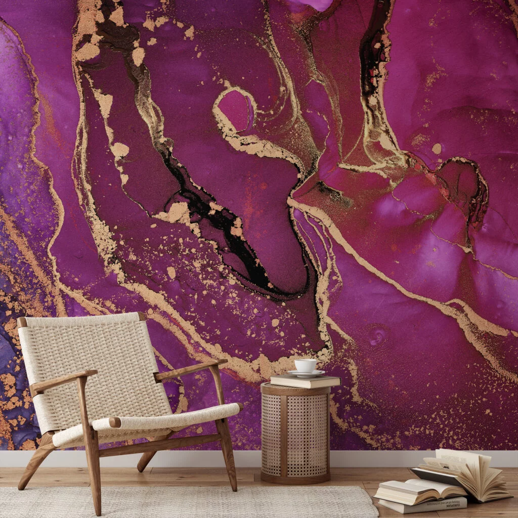 Fuchsia Pink Purple And Gold Alcohol Ink Art Marble Wallpaper, Majestic Plum & Gold Peel & Stick Wall Mural