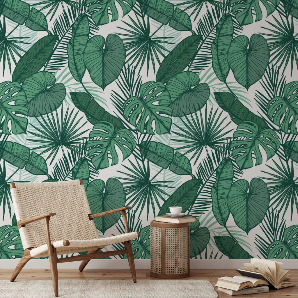 Green Tropical Leaves Illustration Wallpaper, Lush Greenery Sketch Peel & Stick Wall Mural