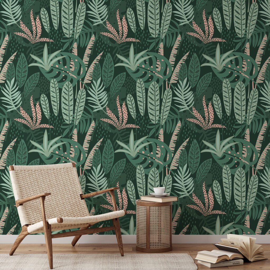 Tropical Green Abstract Flat Art Leaves Illustration Wallpaper, Nature-Themed Peel & Stick Wall Mural
