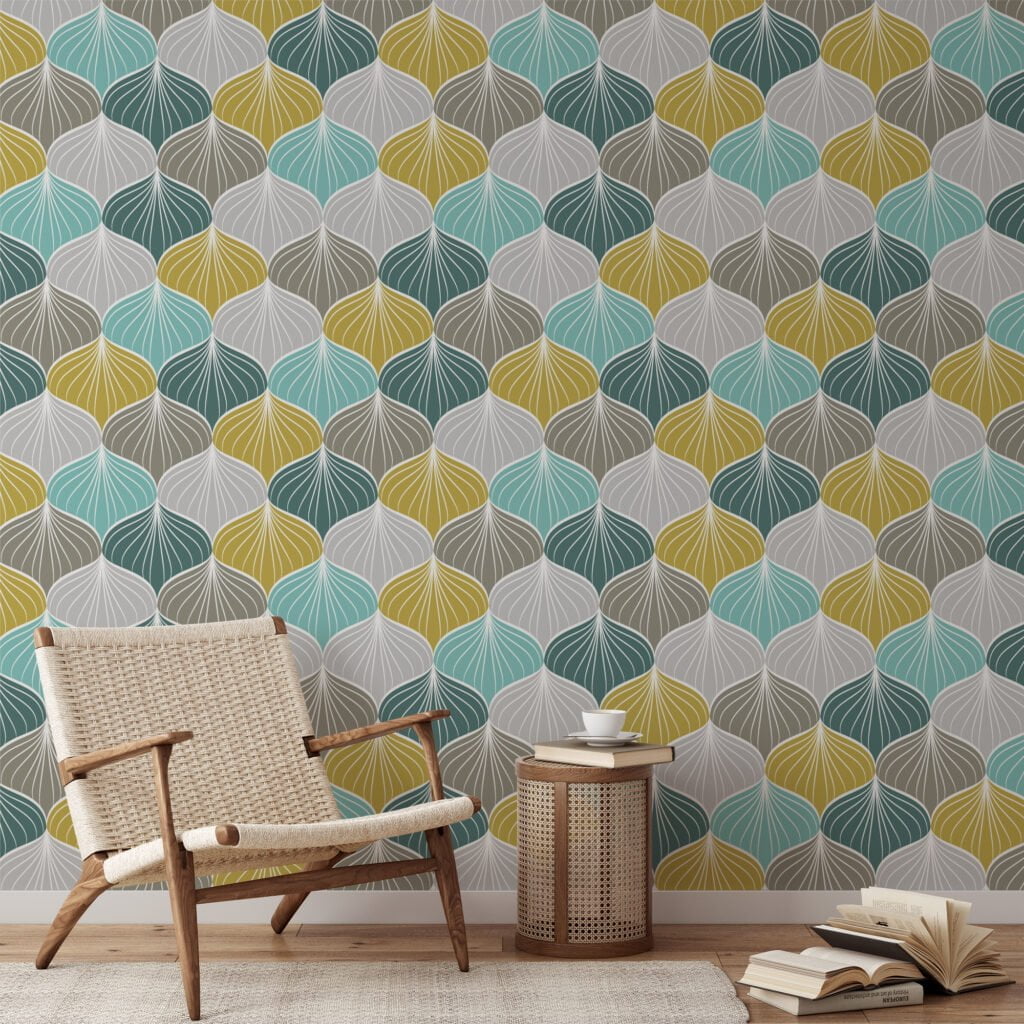 Colorful Abstract Shell Pattern Wallpaper, Modern Geometric Scallop Peel & Stick Wall Mural