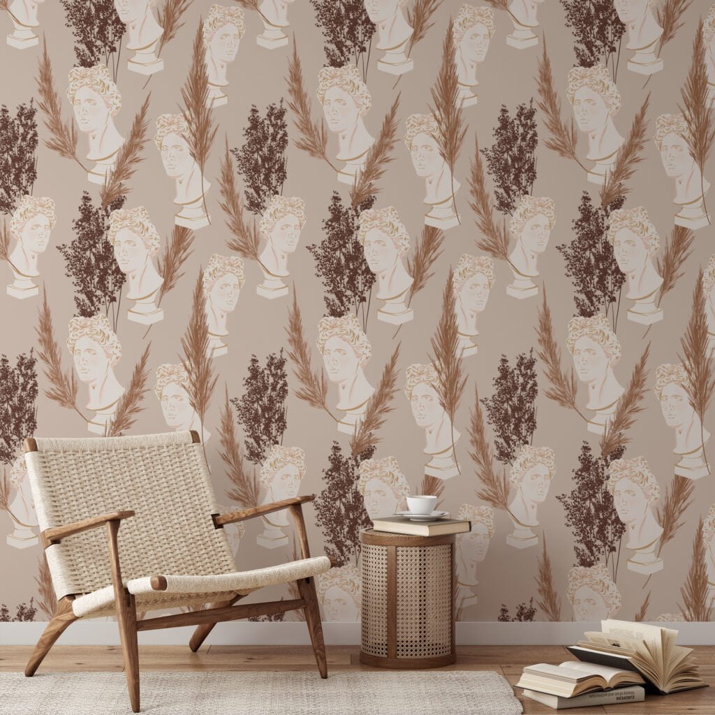 Classic Sculpture Art Deco Pattern Wallpaper, Face Statue And Wheat Plants Peel & Stick Wall Mural