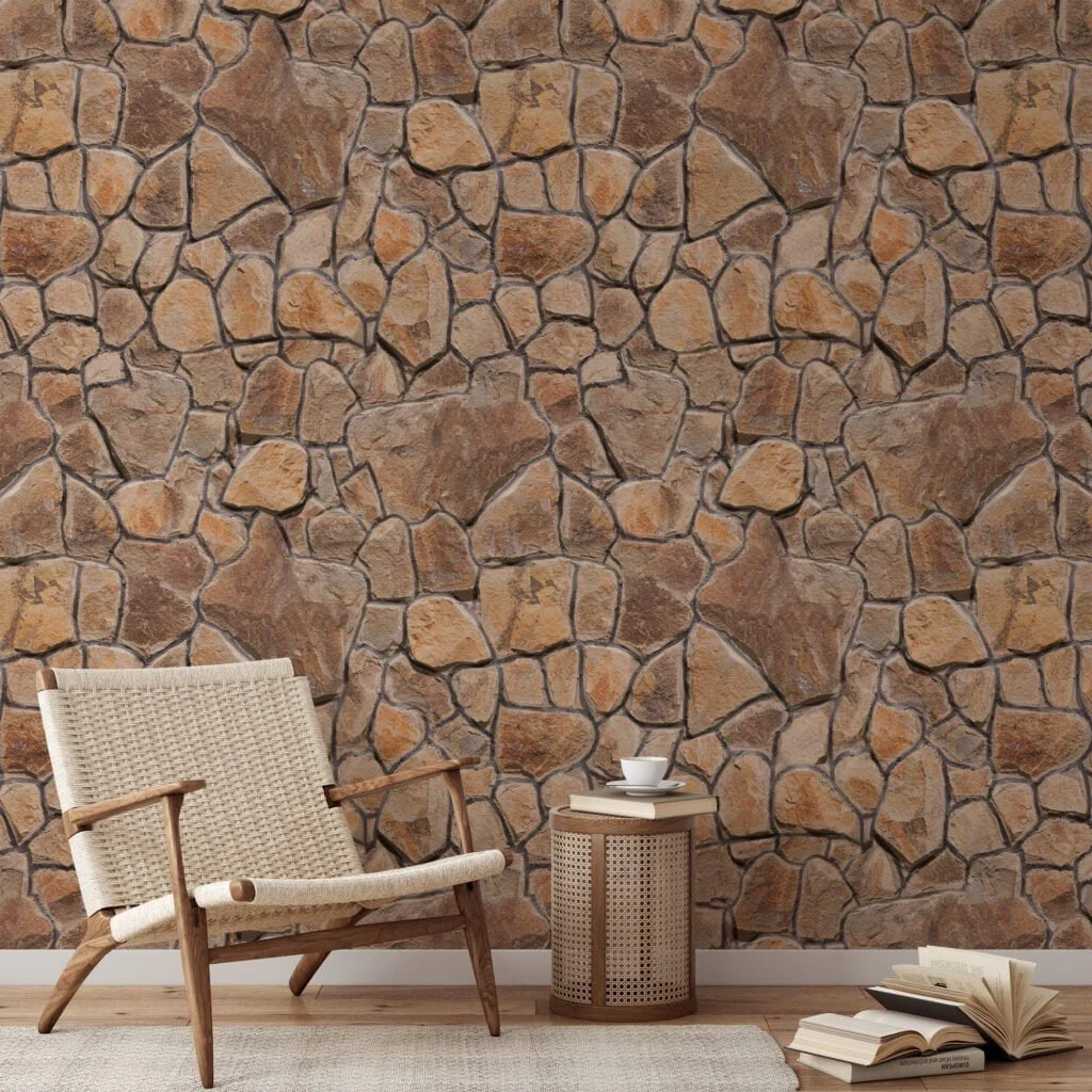 Earthy Cracked Stone Wall Wallpaper, Classic Cobblestone Texture Peel & Stick Wall Mural