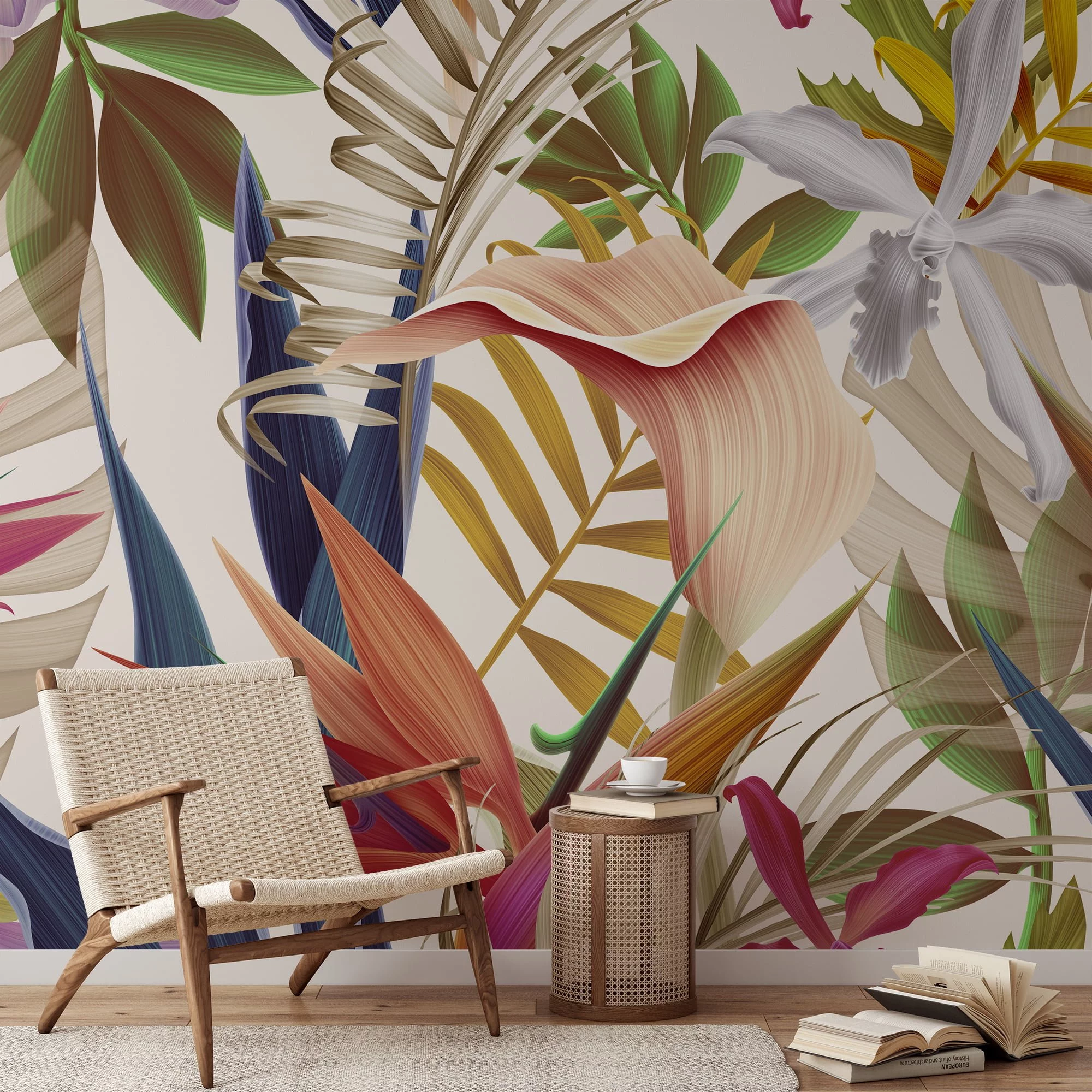 Colorful Tropical Flowers With Birds Of Paradise Wallpaper, Contemporary Nature Inspired Peel & Stick Wall Mural