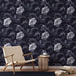 Vintage Goth Floral Drawing Style Illustration Wallpaper, Monochrome Elegance Floral Peel & Stick Wall Mural