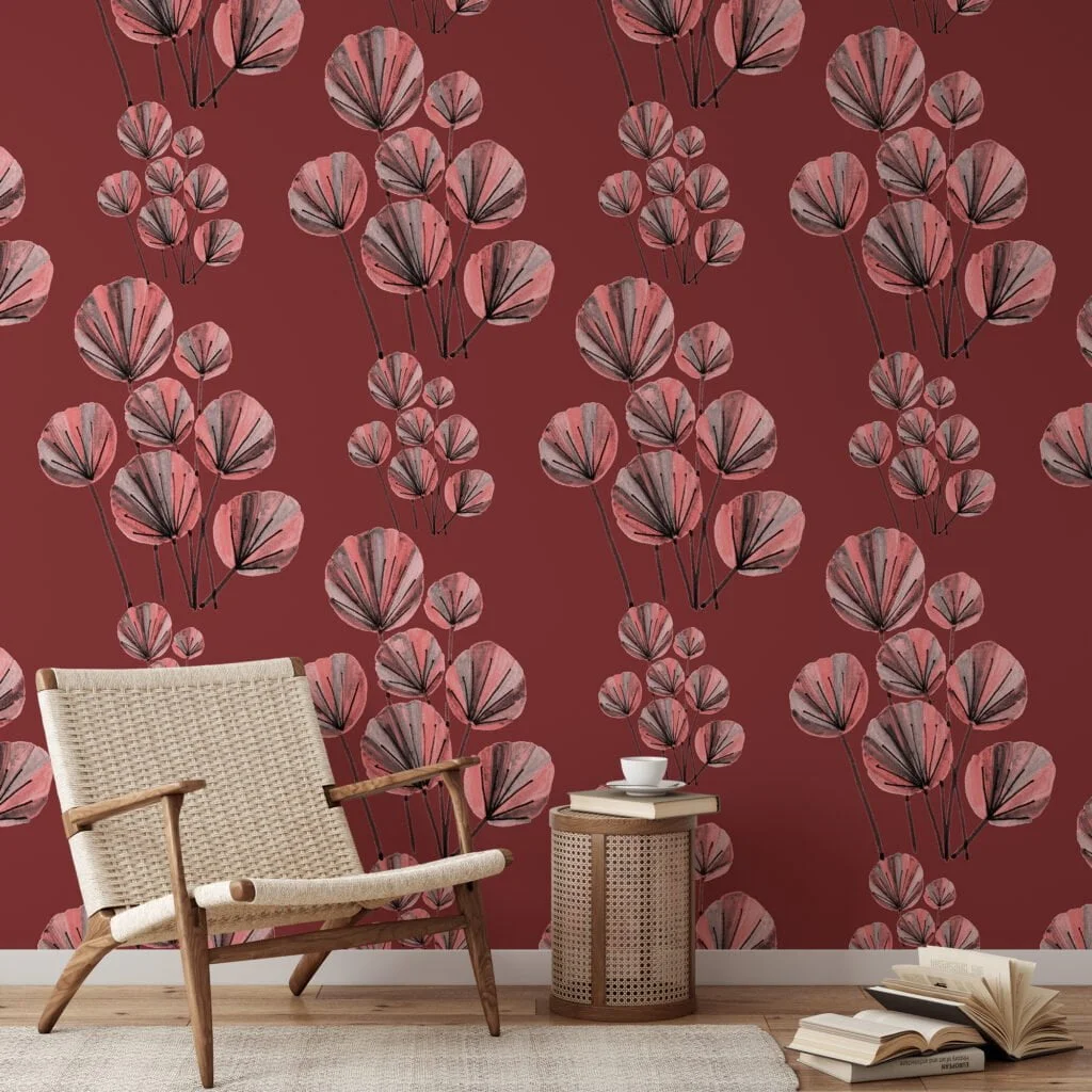 Hand Drawn Abstract Red Dandelions Illustration Wallpaper, Stylish Botanical Elegant Peel & Stick Wall Mural