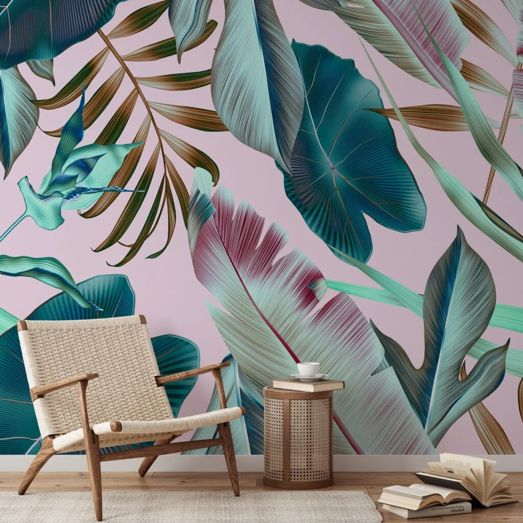 Large Tropical Leaves With A Pastel Pink Background Wallpaper, Tropical Escape Leaves Peel & Stick Wall Mural