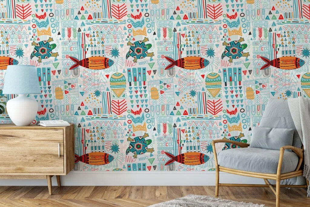 Eclectic Kids Hieroglyphic Illustration Wallpaper, Vibrant Tribal Geometric Peel & Stick Wall Mural