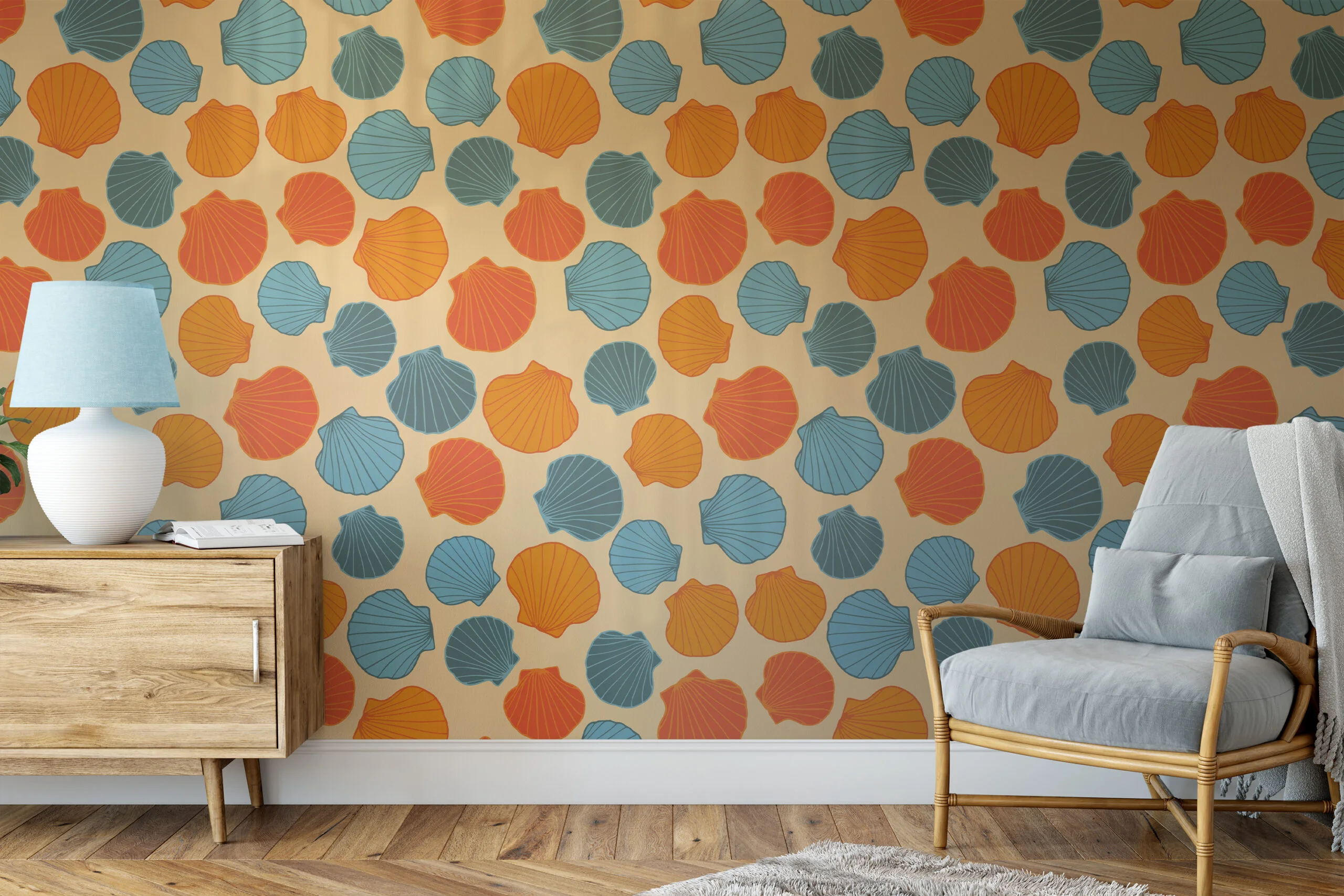 Retro Colored Sea Shells Pattern Wallpaper, Seaside Serenity Peel & Stick Wall Mural