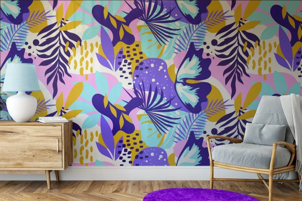 Large Colorful Abstract Leaves Illustration Wallpaper, Vibrant Tropical Peel & Stick Wall Mural