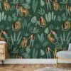 Green Leaves With Leopards And Girl Illustration Wallpaper, Wild Nature-Inspired Decor Peel & Stick Wall Mural
