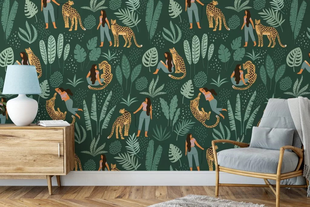 Green Leaves With Leopards And Girl Illustration Wallpaper, Wild Nature-Inspired Decor Peel & Stick Wall Mural