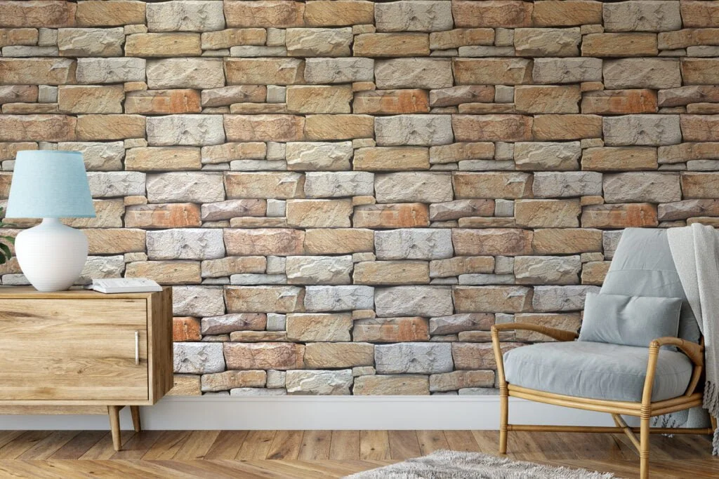 Brick Wall Stone Pattern Wallpaper, Detailed Faux Stonework Peel & Stick Wall Mural