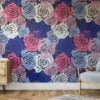 Colorful Abstract Roses Pattern Wallpaper, Bold Blue & Pink Floral Design Peel & Stick Wall Mural