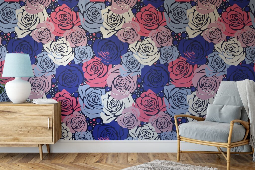 Colorful Abstract Roses Pattern Wallpaper, Bold Blue & Pink Floral Design Peel & Stick Wall Mural