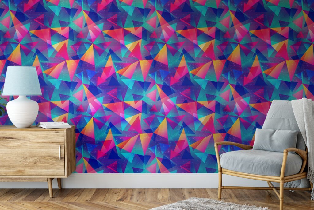 Retro Style Abstract Colorful Triangles Illustration Wallpaper, Electric Retro Peel & Stick Wall Mural