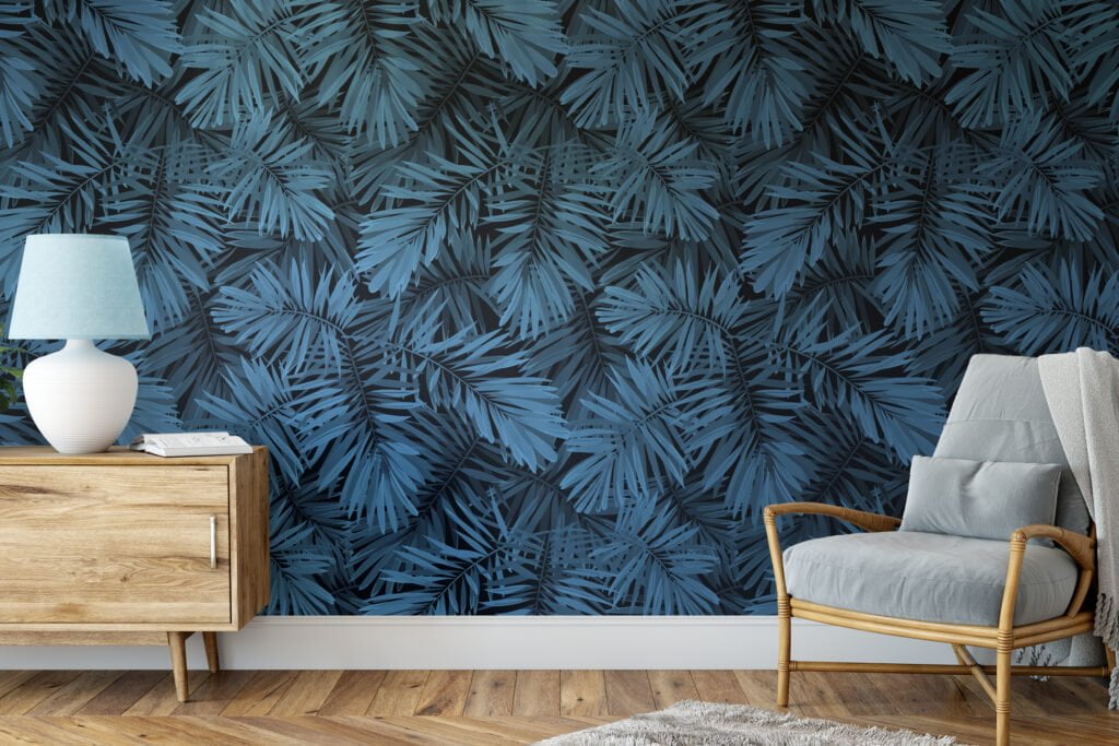 Blue Large Leaves Illustration Wallpaper, Tropical Leaf Design Peel & Stick Wall Mural
