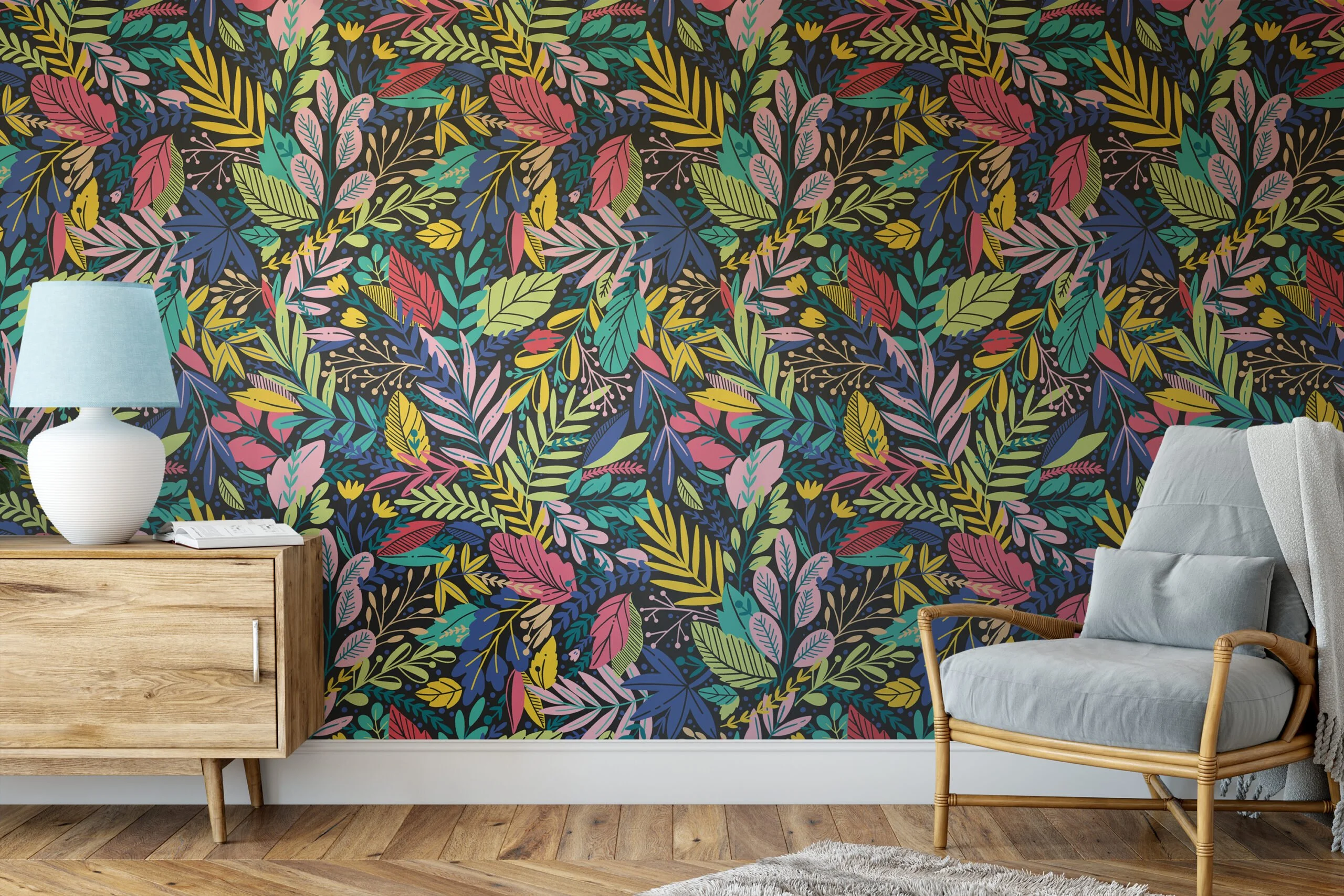 Colorful Leaves Illustration With A Dark Background Wallpaper, Exotic Botanical Peel & Stick Wall Mural