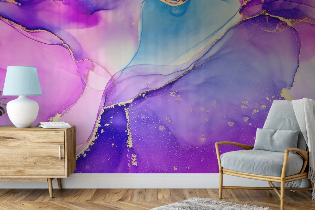 Colorful Alcohol Ink Art Marble Wallpaper, Elegant Purple and Blue Marble Peel & Stick Wall Mural