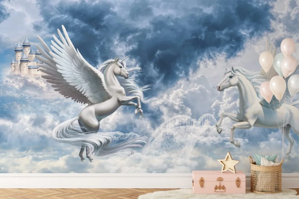 Large White Mystical Fantasy Unicorns With Castles In The Clouds Wallpaper, Enchanted Pegasus Peel & Stick Wall Mural