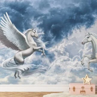 Large White Mystical Fantasy Unicorns With Castles In The Clouds Wallpaper, Enchanted Pegasus Peel & Stick Wall Mural