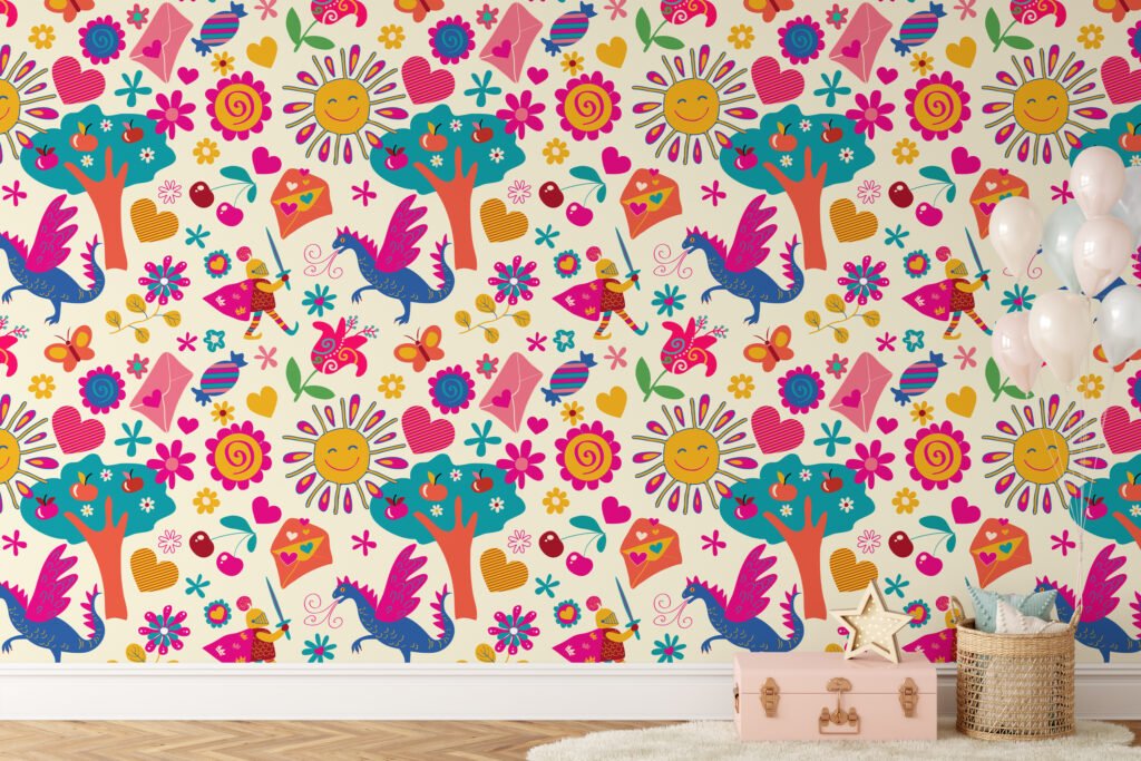 Colorful Kids Playroom Illustration Wallpaper, Enchanted Fairytale Kids Peel & Stick Wall Mural