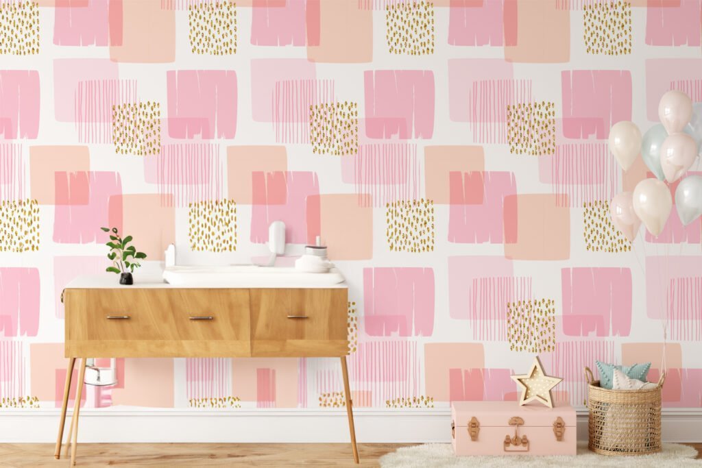 Peach Pink Abstract Stripe Illustration Wallpaper, Modern Blocks and Gold Accents Peel & Stick Wall Mural