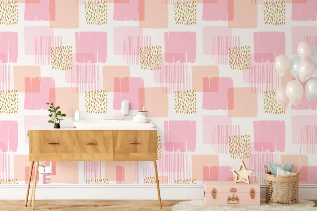 Peach Pink Abstract Stripe Illustration Wallpaper, Modern Blocks and Gold Accents Peel & Stick Wall Mural