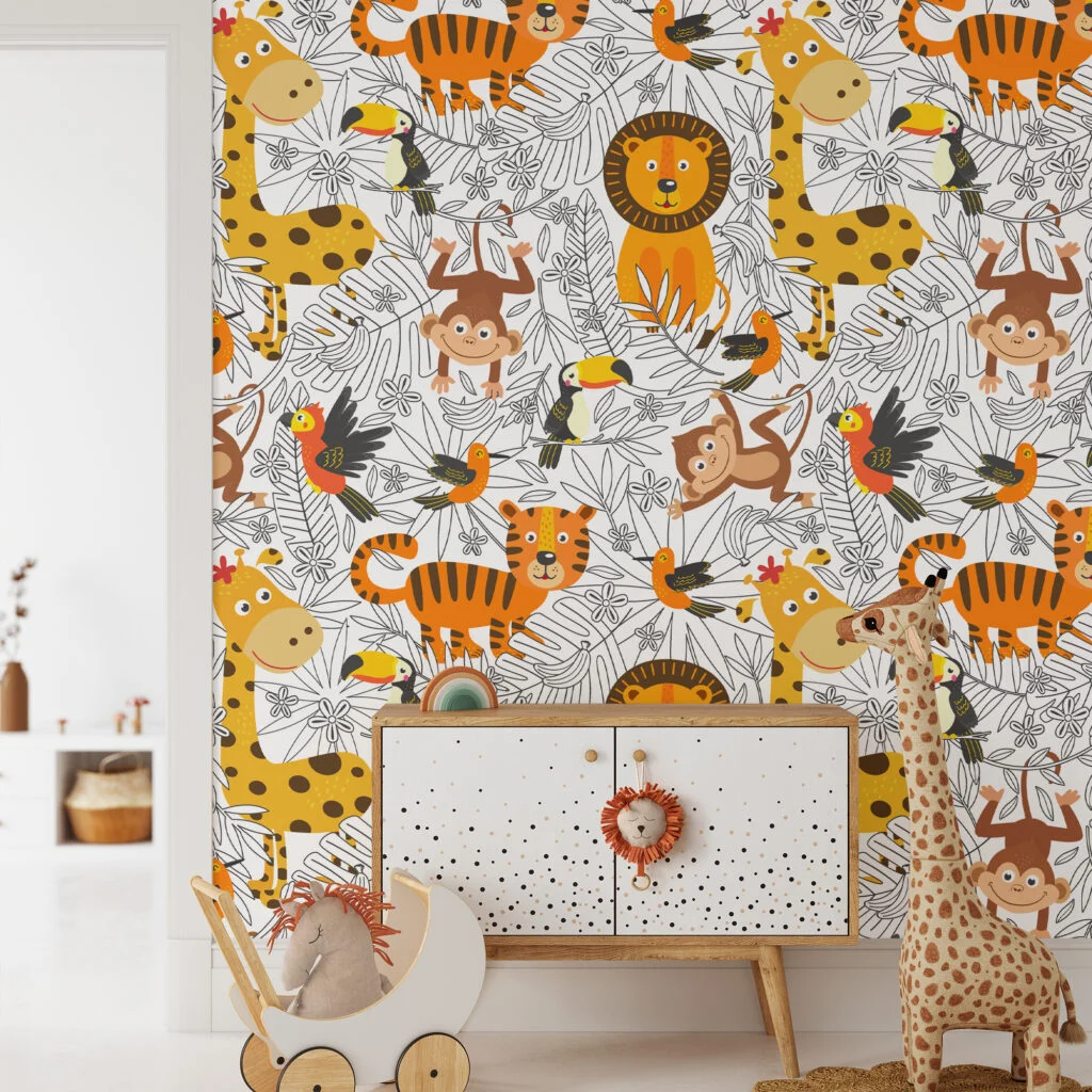 Cartoon Kids Tropical Illustration With Animals Wallpaper, Jungle Safari Kids Peel & Stick Wall Mural