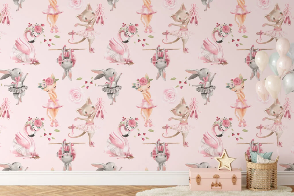 Watercolor Cute Pink Princess Ballerina Bunny And Cats Illustration Wallpaper, Enchanting Ballet Animals Peel & Stick Wall Mural