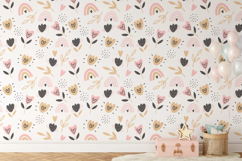 Cute Nursery Pattern With Rainbows Hearts And Branches Wallpaper, Whimsical Floral Kids Peel & Stick Wall Mural