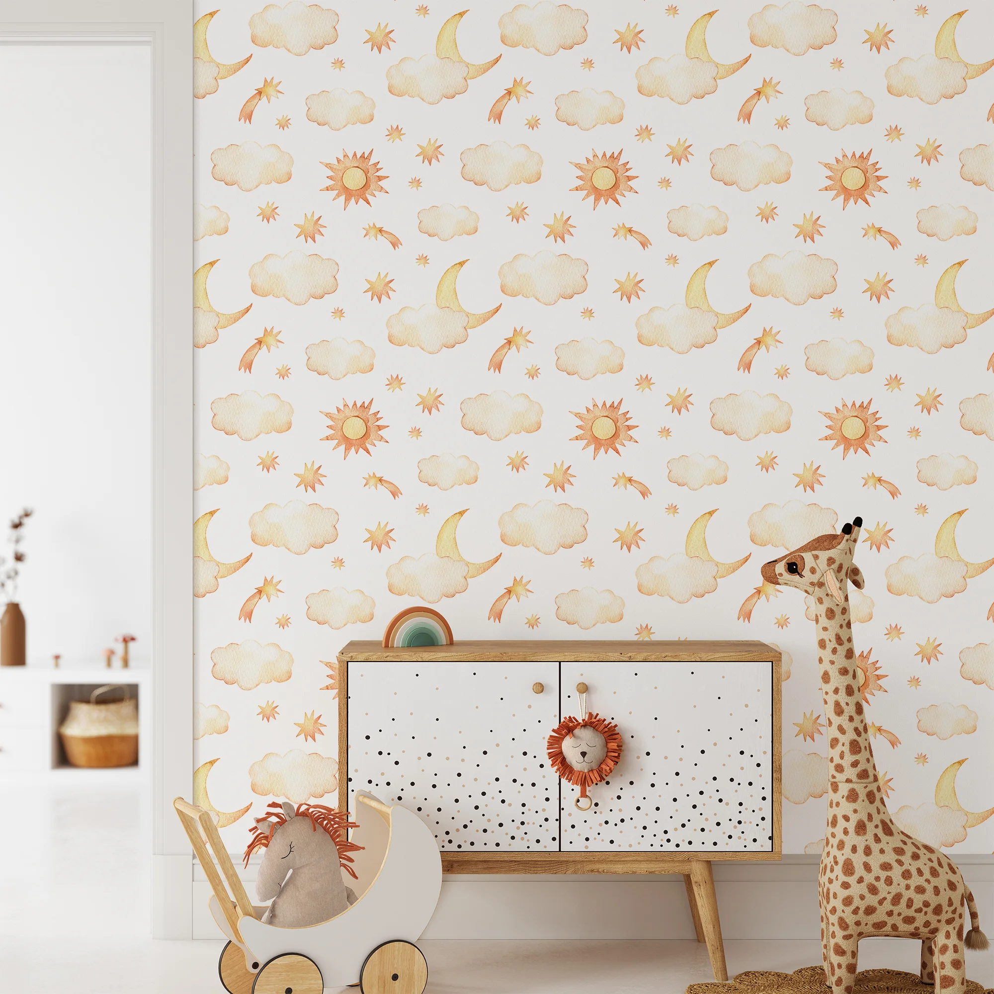 Watercolor Nursery Clouds Moon With Stars Pattern Illustration Wallpaper, Sunny Day & Starry Night Peel & Stick Wall Mural