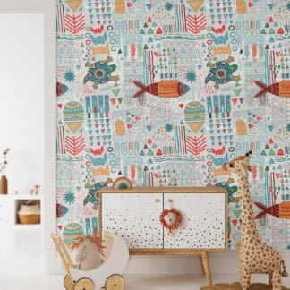 Eclectic Kids Hieroglyphic Illustration Wallpaper, Vibrant Tribal Geometric Peel & Stick Wall Mural