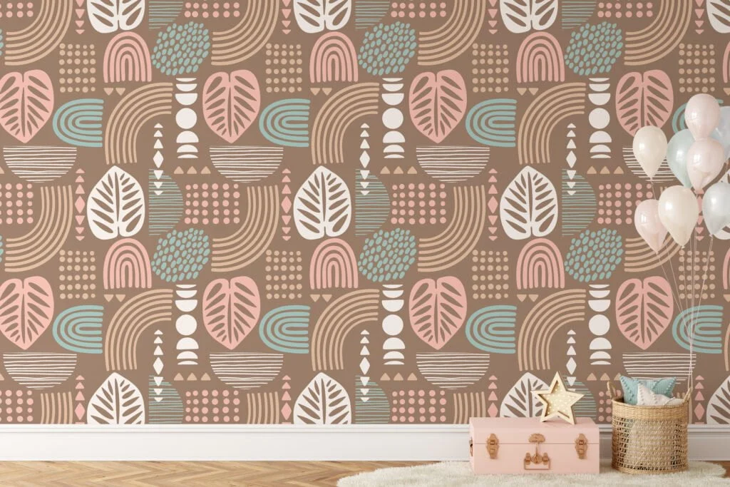 Pastel Colored Neutral Boho Illustration Wallpaper, Modern Geometric AbstractionPeel & Stick Wall Mural