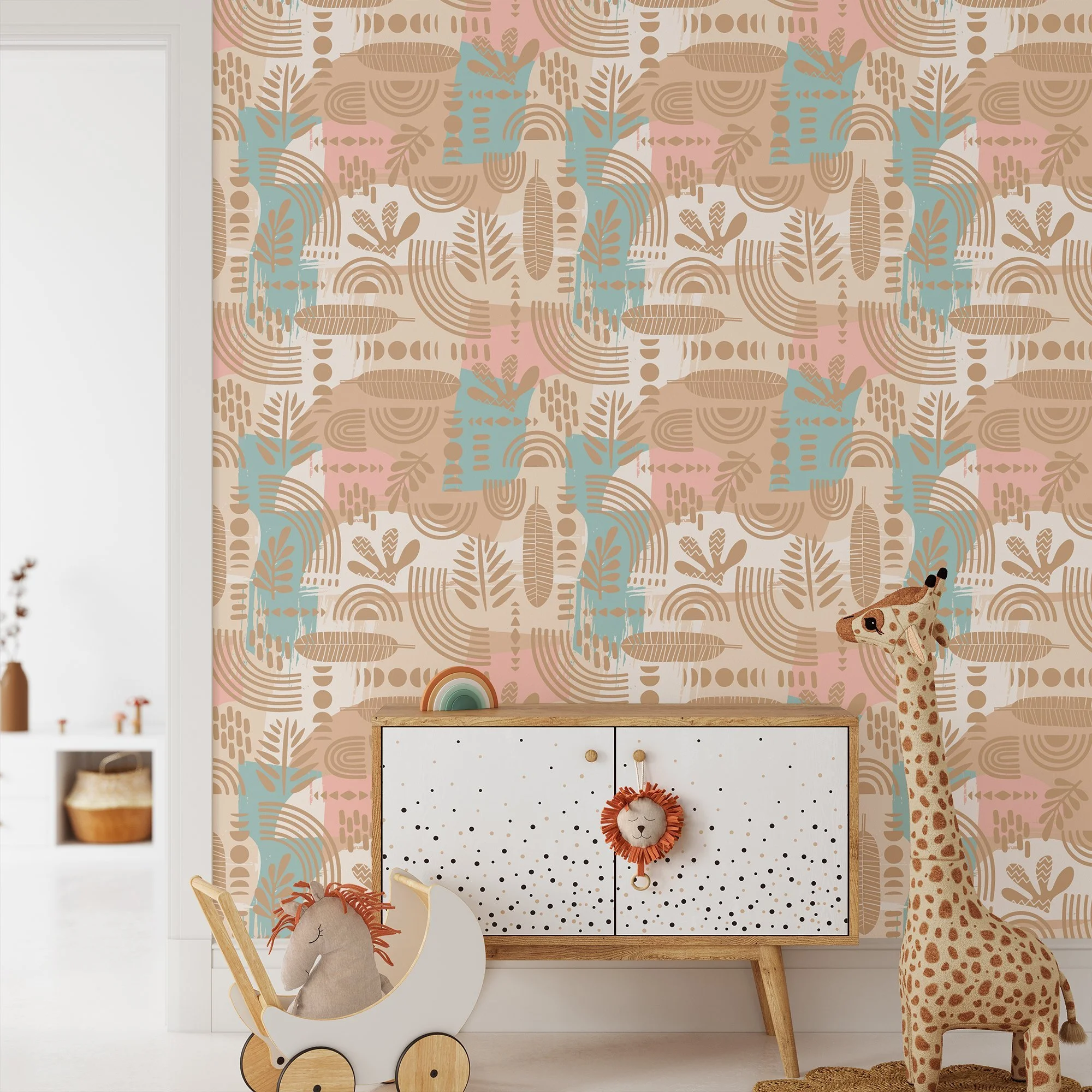 Pastel Boho Illustration Wallpaper, Soft Hued Decor Peel & Stick Wall Mural